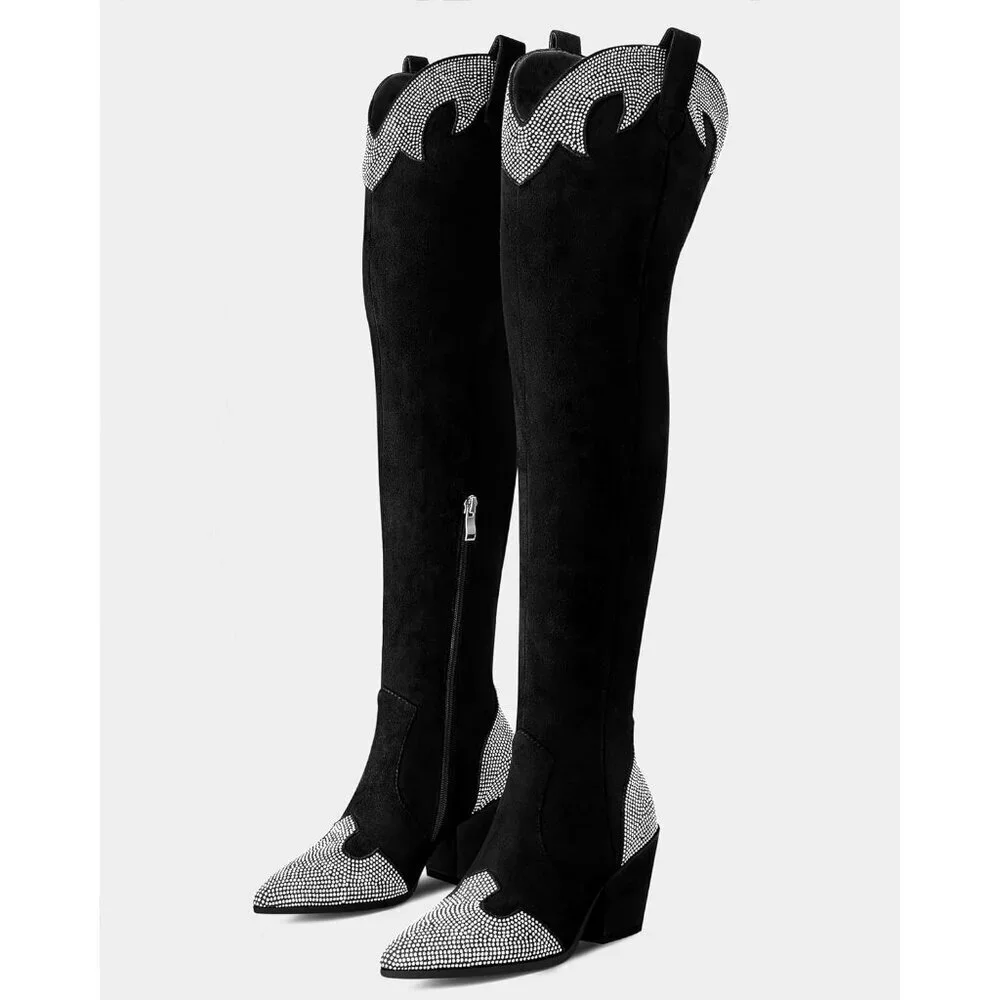 Women Black Suede Polyurethane (PU)Black Thigh High Pointed Toe Chunky Heel Boot